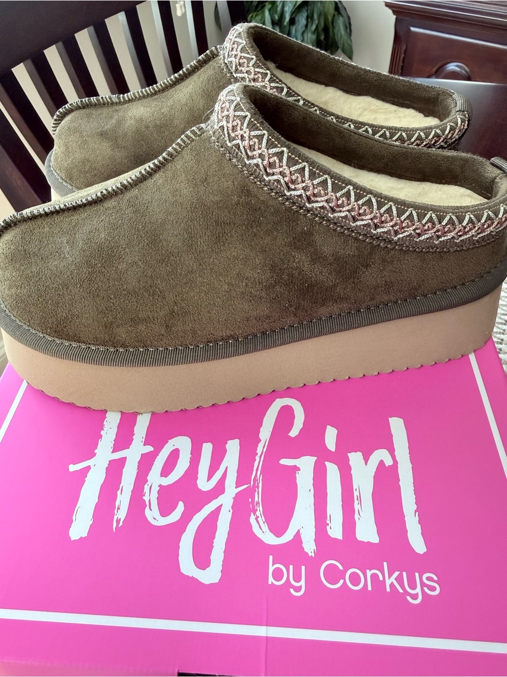 Corkys Olive Green Faux Suede Cozy Slip-On Clog